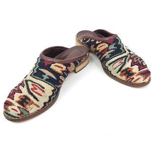 Kilim Mules Boho Aztec Print Wool Leather SlipOn
